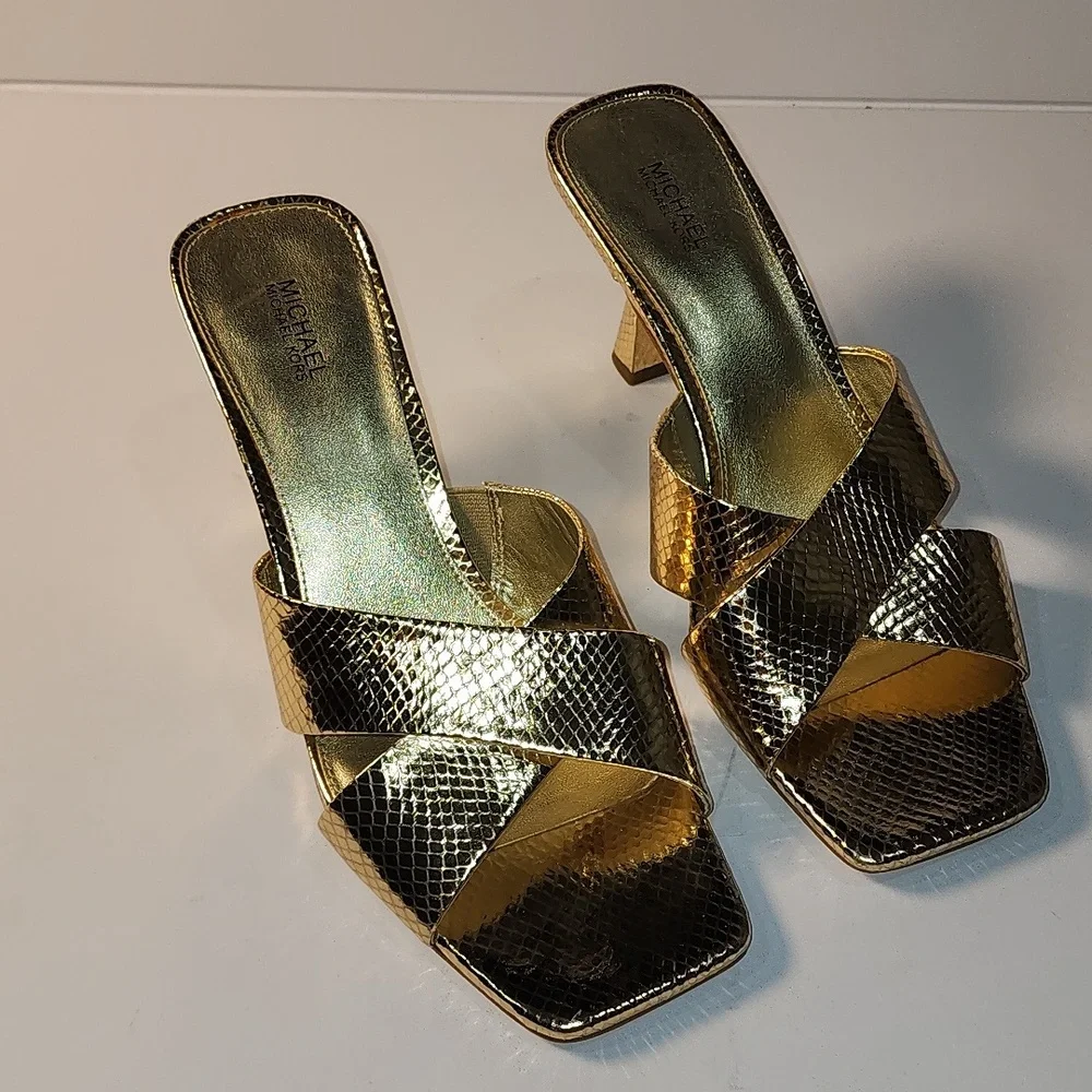 Michael Kors Gold Heeled Sandals with Crossover Strap
